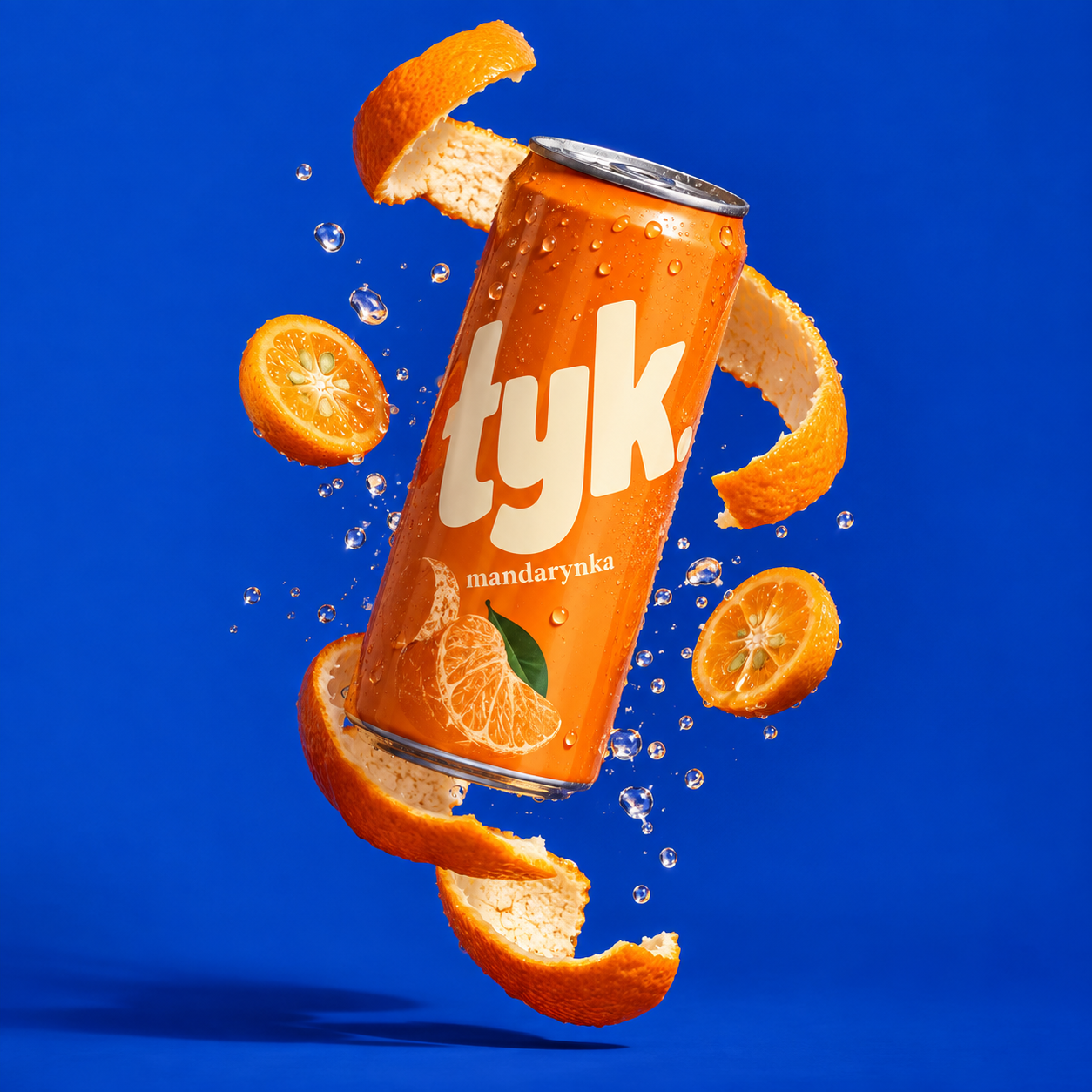 Koncepcja reklamy fikcyjnego napoju łyk: puszka mandarynkowa na niebieskim tle