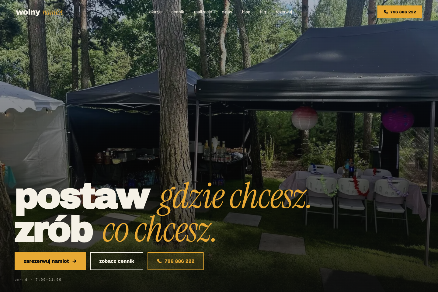 Strona Wolnego Namiotu: namiot w lesie i oferta wynajmu